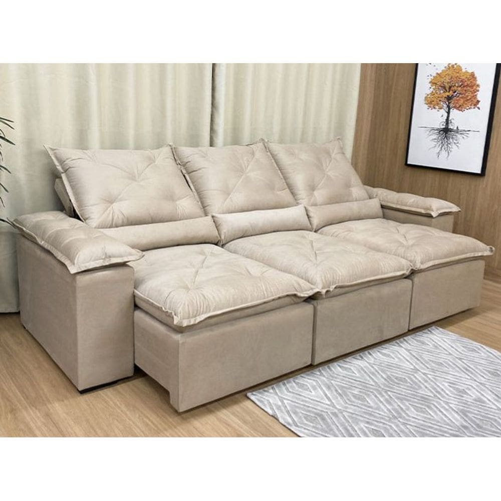 Sofá Retrátil e Reclinável 2,70m em Tecido Veludão C/Pillow nos Braços Athenas