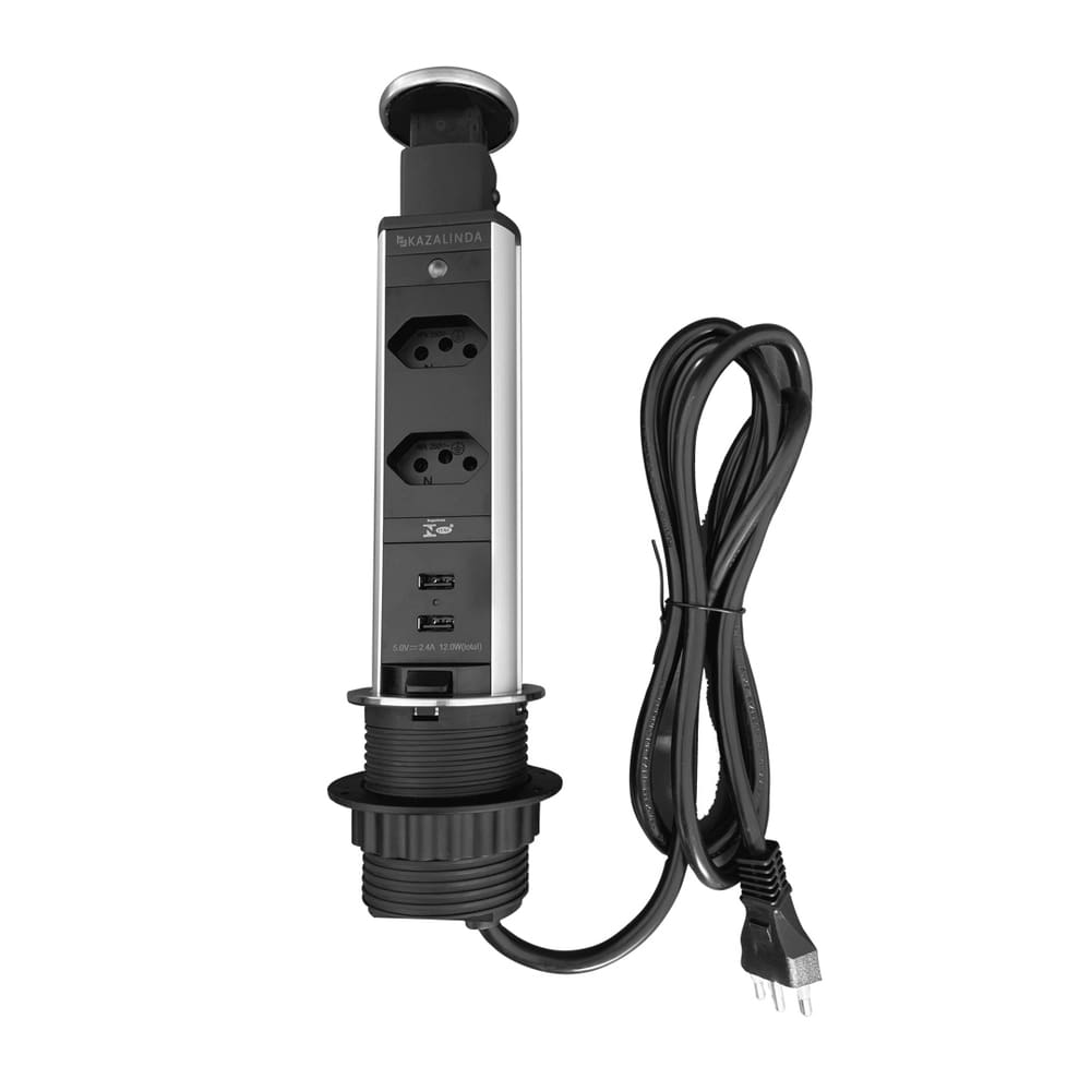 Torre de Tomada com Tampa Inox Multiplug 2 Tomadas 2 USB