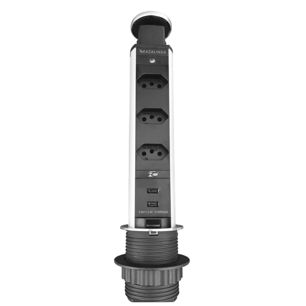 Torre de Tomada com Tampa Inox Multiplug 3 Tomadas 2 USB