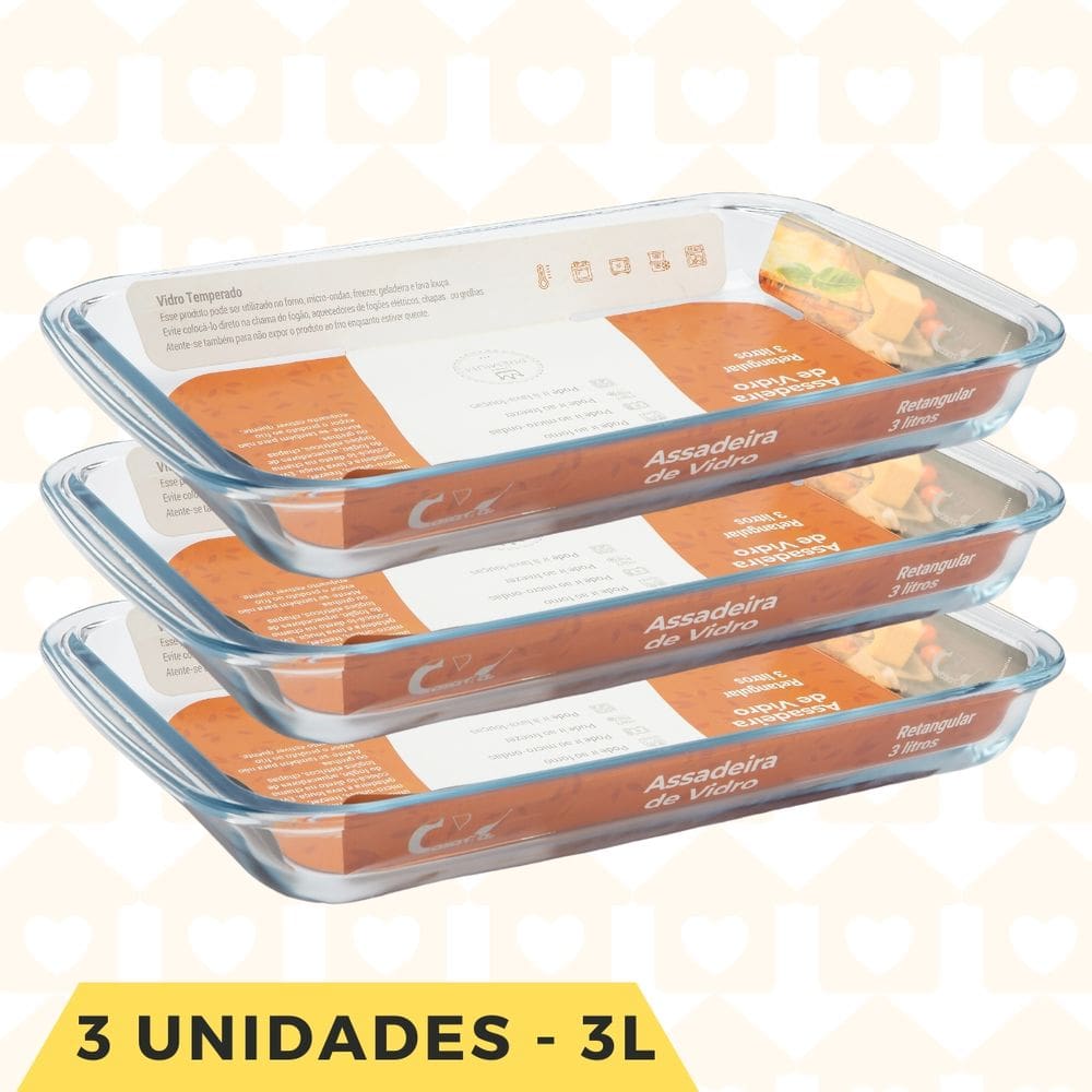 Conj. 3 Forma Vidro Grande 3L Retangular Saladeira Assados