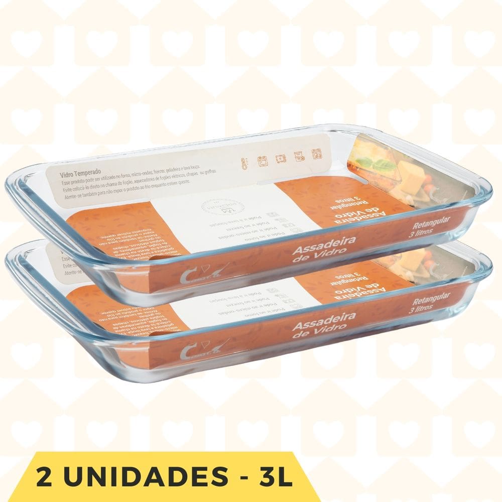 Conj. 2 Forma Vidro Grande 3L Retangular Saladeira Assados