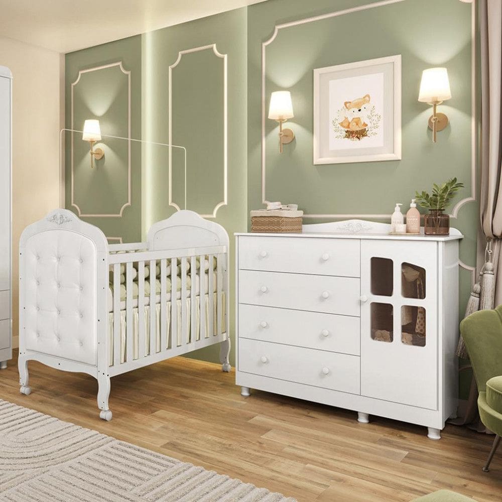 Quarto de Bebê Berço Mini Cama com Capitonê MDF Cômoda Elô New Móveis Peroba