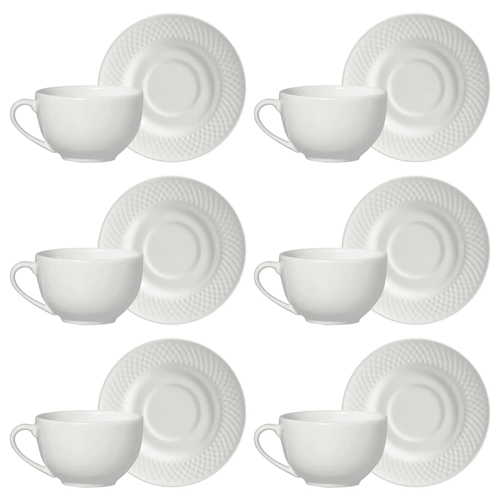 Conjunto de 6 Xícaras de Chá com Pires em Cerâmica Satin White 250ml - Alleanza
