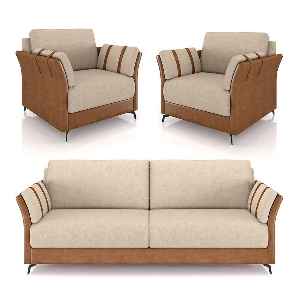 Sofá 3 Lugares 223cm e 2 Poltronas Solaro M22 Linho Bege/Marrom - Mpozenato