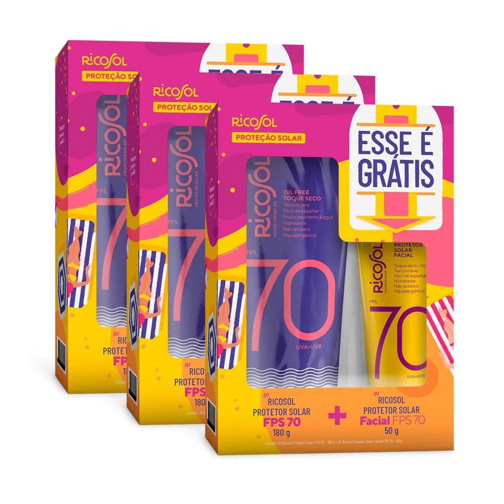 Kit 3 und Ricosol FPS 70 Corpo 180g + FPS 70 Facial 50g