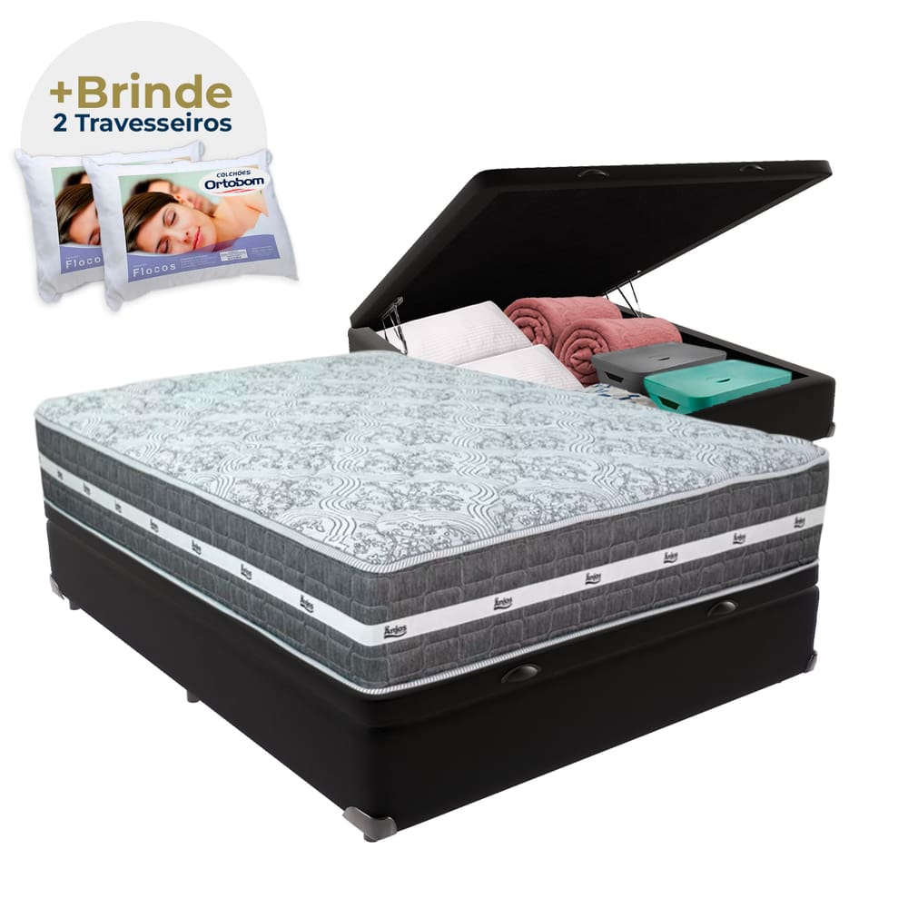 Cama Box Baú Casal e Colchão de Molas Black Graphite Anjos