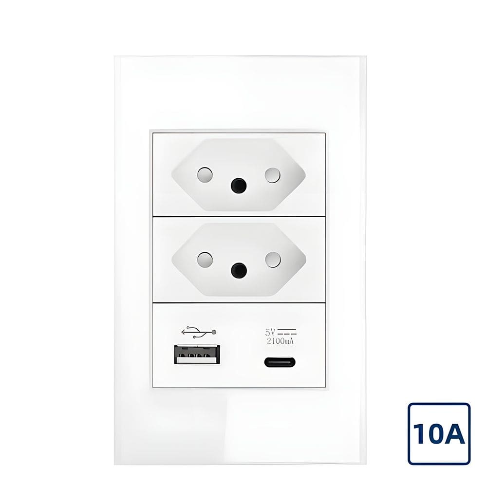 Tomada, Padrão Brasileiro, Com Uma Entrada USB e USB-C, 10A, Paínel Em Vidro Temperado - Branco