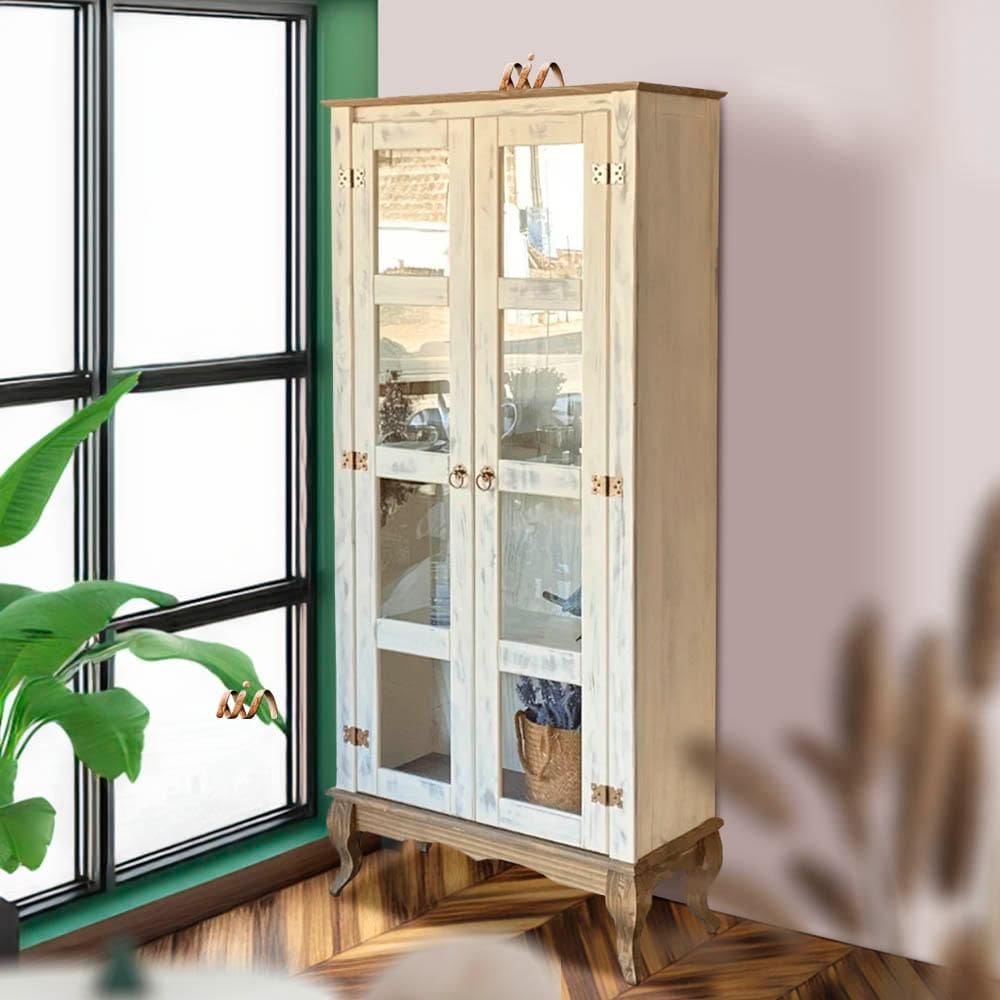 Cristaleira Retrô 2 Portas Vidro Madeira Maciça Branco Garapa D113 Shop JM