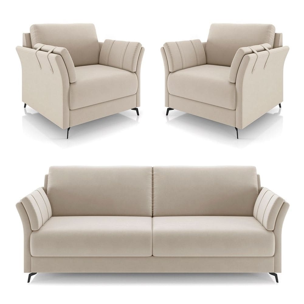 Sofá 3 Lugares 223cm e 2 Poltronas Solaro M22 Veludo Bege - Mpozenato