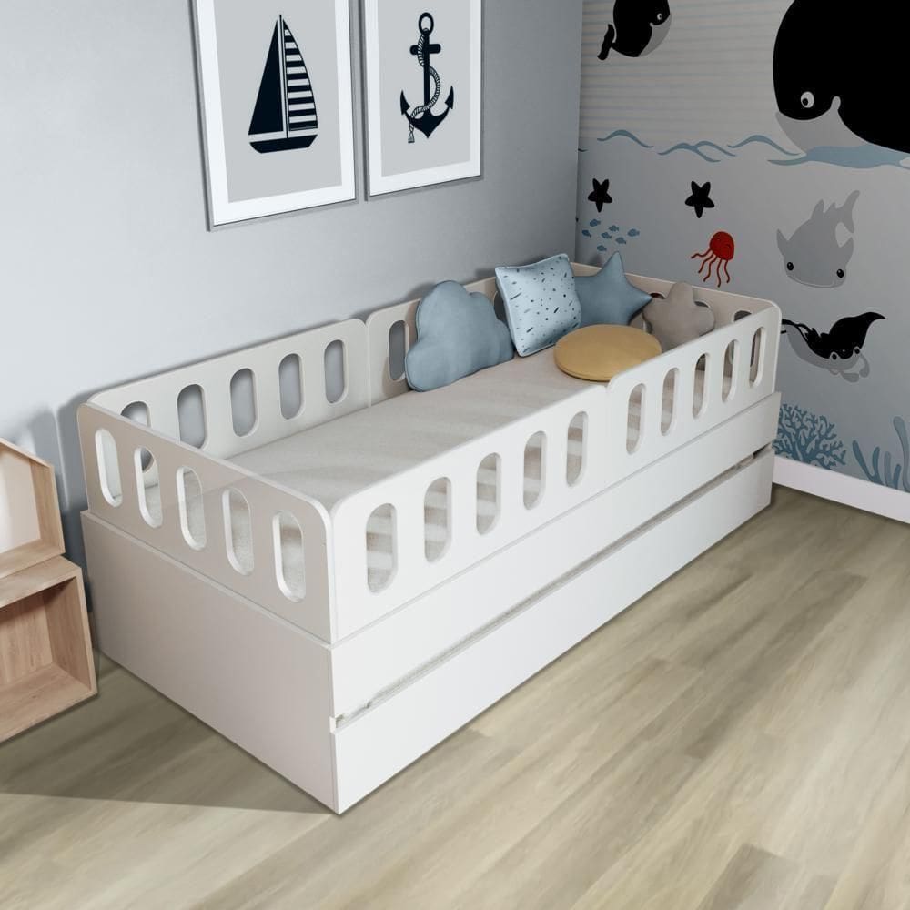 Bicama Solteiro Mdf Bp Branco Com 04 Grades E Cabeceira Megamobilia