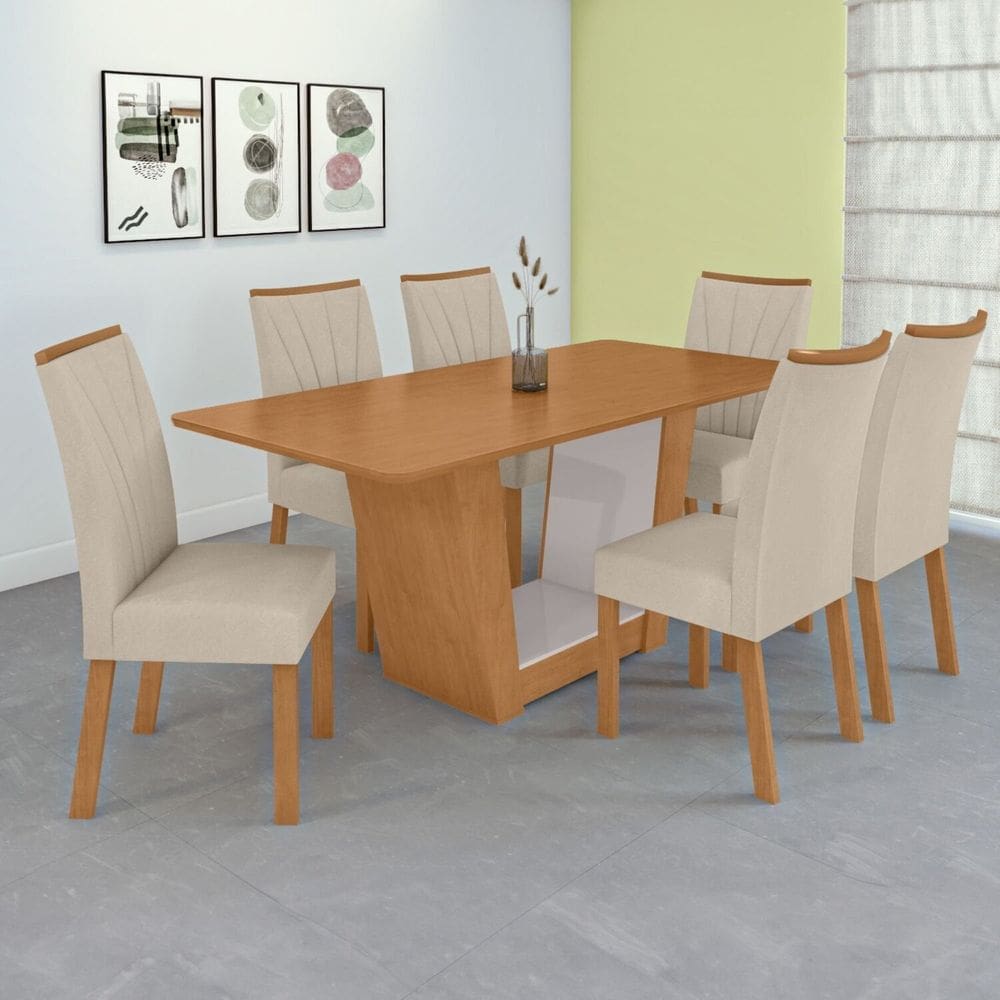 Conjunto Mesa 170cm Apogeu Tampo Mdf no Glass com 6 Cadeiras Apogeu Amêndoa /Off White/ Creme