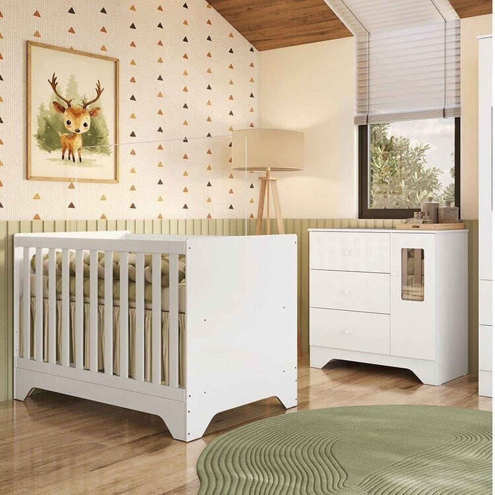 Quarto de Bebê Cômoda 1 Porta com Janela e Berço Minicama 100% Mdf Ravy Espresso Móveis Branco Brilho