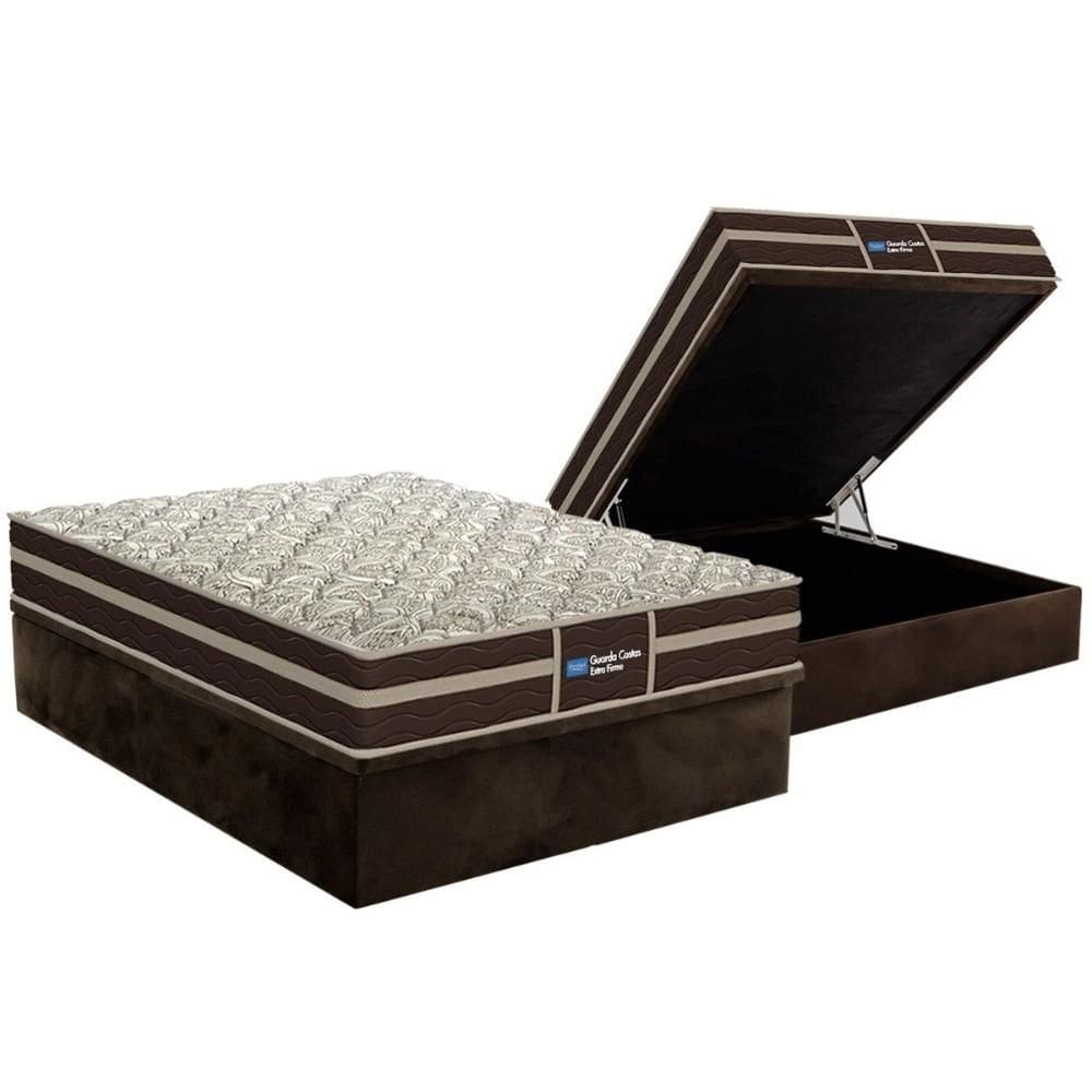 Cama Box Baú Casal: Colchão Ortopédico Probel Wood Guarda Costa Extra Firme Brown + Base CRC Suede Brown(138x188)