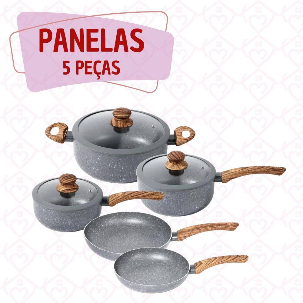 Panelas 5 Peças Antiaderente Cinza Tampa Vidro com Silicone