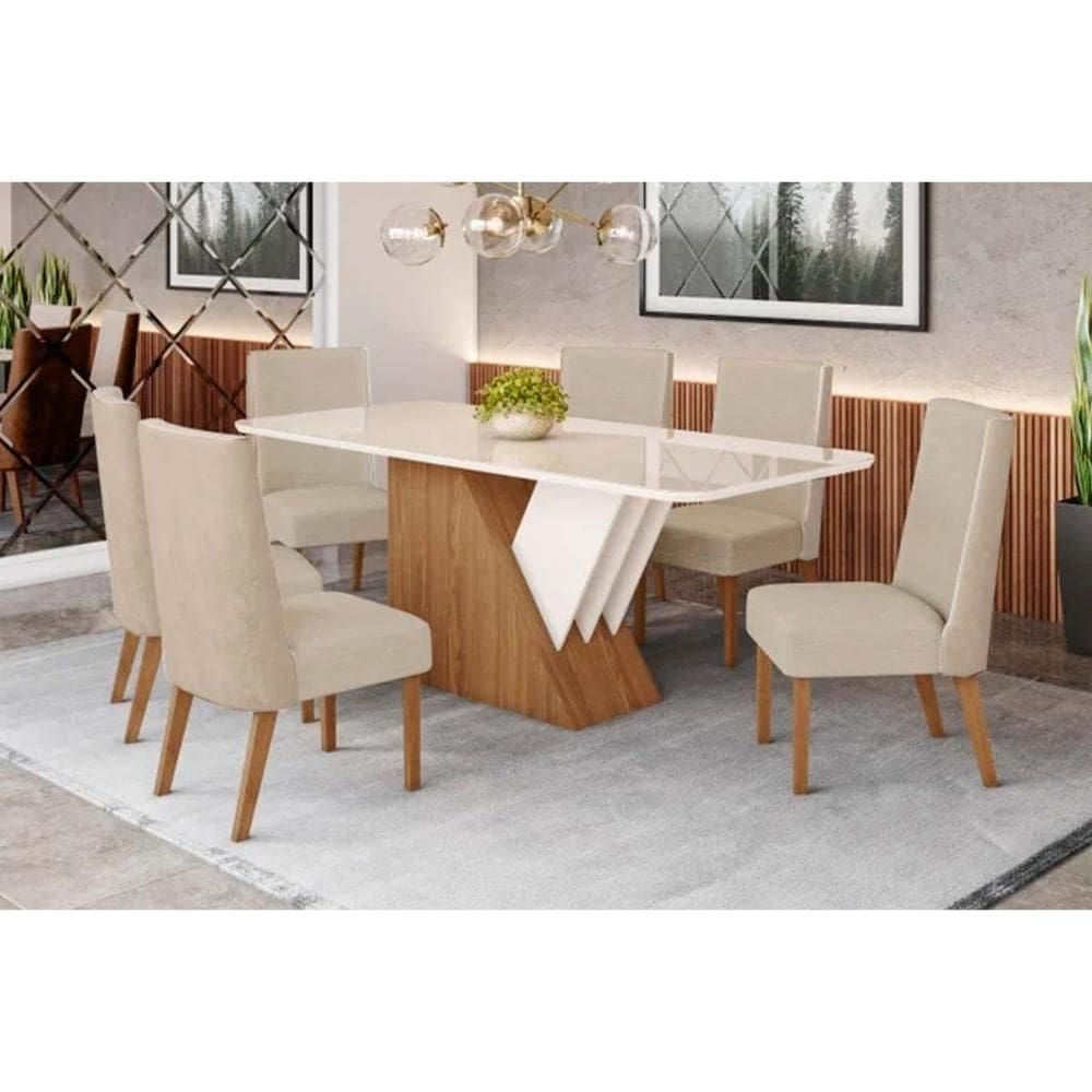 Sala de Jantar Completa Épic SC24 Tampo Madeirado c/ Vidro Canto Curvo 160x90cm e 6 Cadeiras Anne Nature/Courano/Creme - Henn