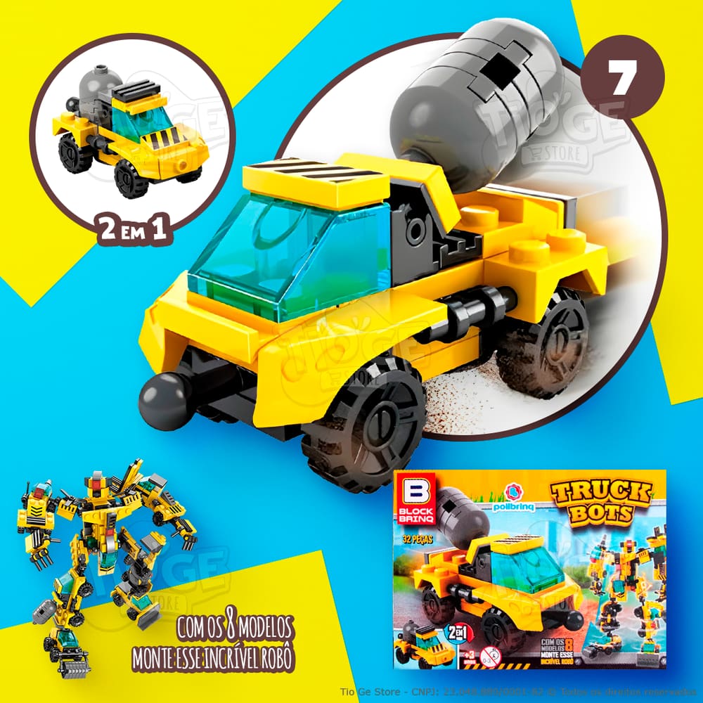 Blocos de Montar e Desmontar (Nº 7) Caminhão Betoneira 2 em 1 Robô Transformers Truck Bots Block Brinq 32 Peças