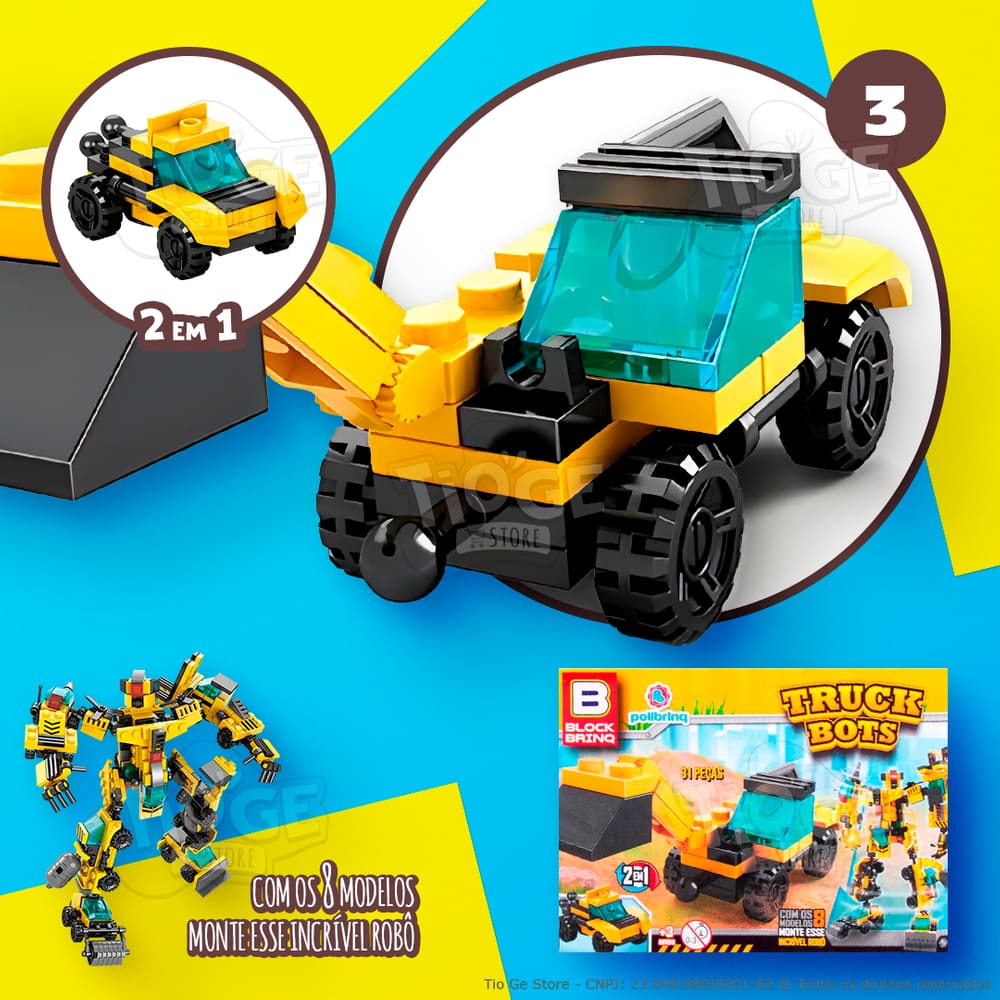 Blocos de Montar e Desmontar (Nº 3) Caminhão Trator Escavadeira 2 em 1 Robô Transformers Truck Bots Block Brinq 31 Peças