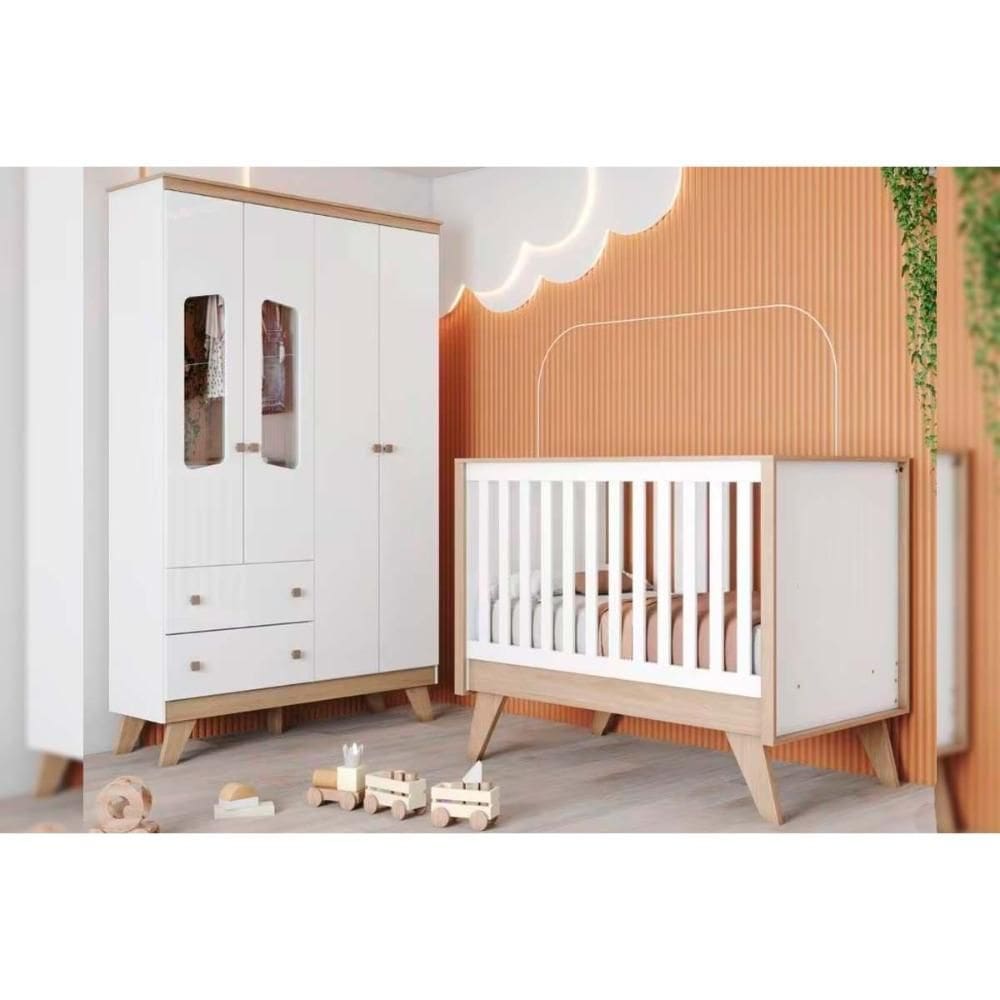 Quarto Infantil Completo Confete 2 Peças (1 Guarda Roupa + 1 Berço) QI64 Branco/Jequitiba - Henn