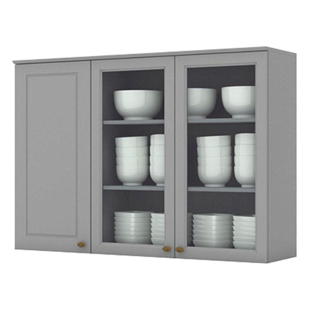 Armário Aéreo 3 Portas Com Vidro 120 Cm Nova York Cinza - Henn