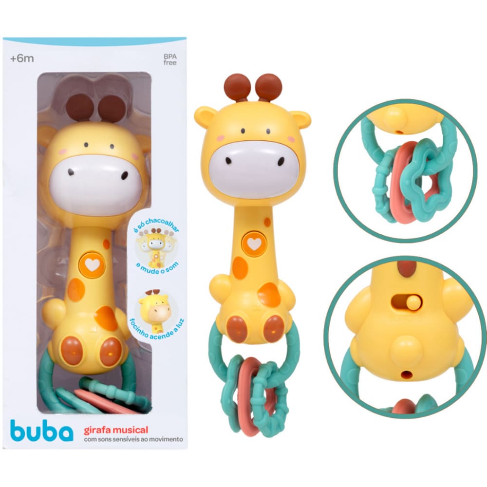 Girafa Musical com Luz Som e Mordedor Macio Brinquedo Presente Infantil Bebê +6m - Buba Baby