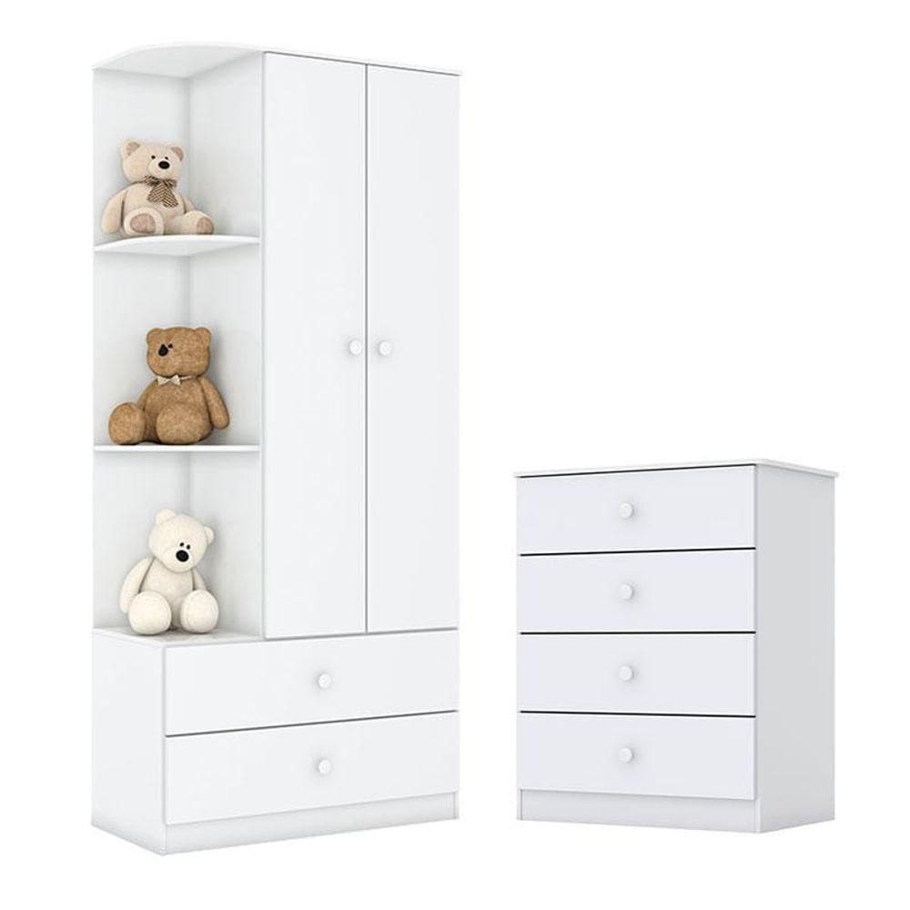 Cômoda E Guarda Roupa Infantil Labirinto Branco Brilho - Henn