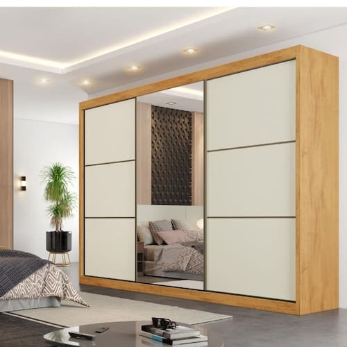 imagem-Guarda Roupa Casal 1 Espelho 3 Portas de Correr 6 Gavetas MDF Braganca Europa - Off White 