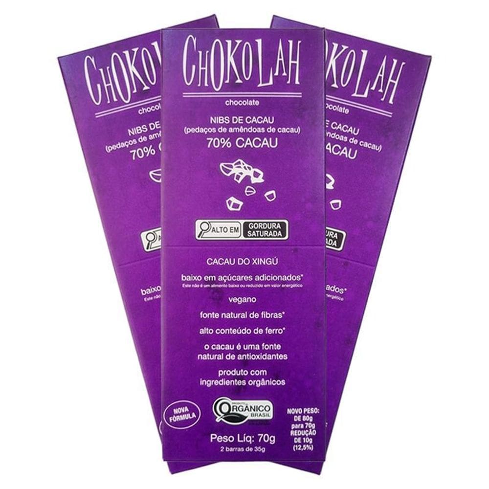 Kit 3X: Chocolate 70% Cacau Nibs Baixo Em Açúcares Orgânico