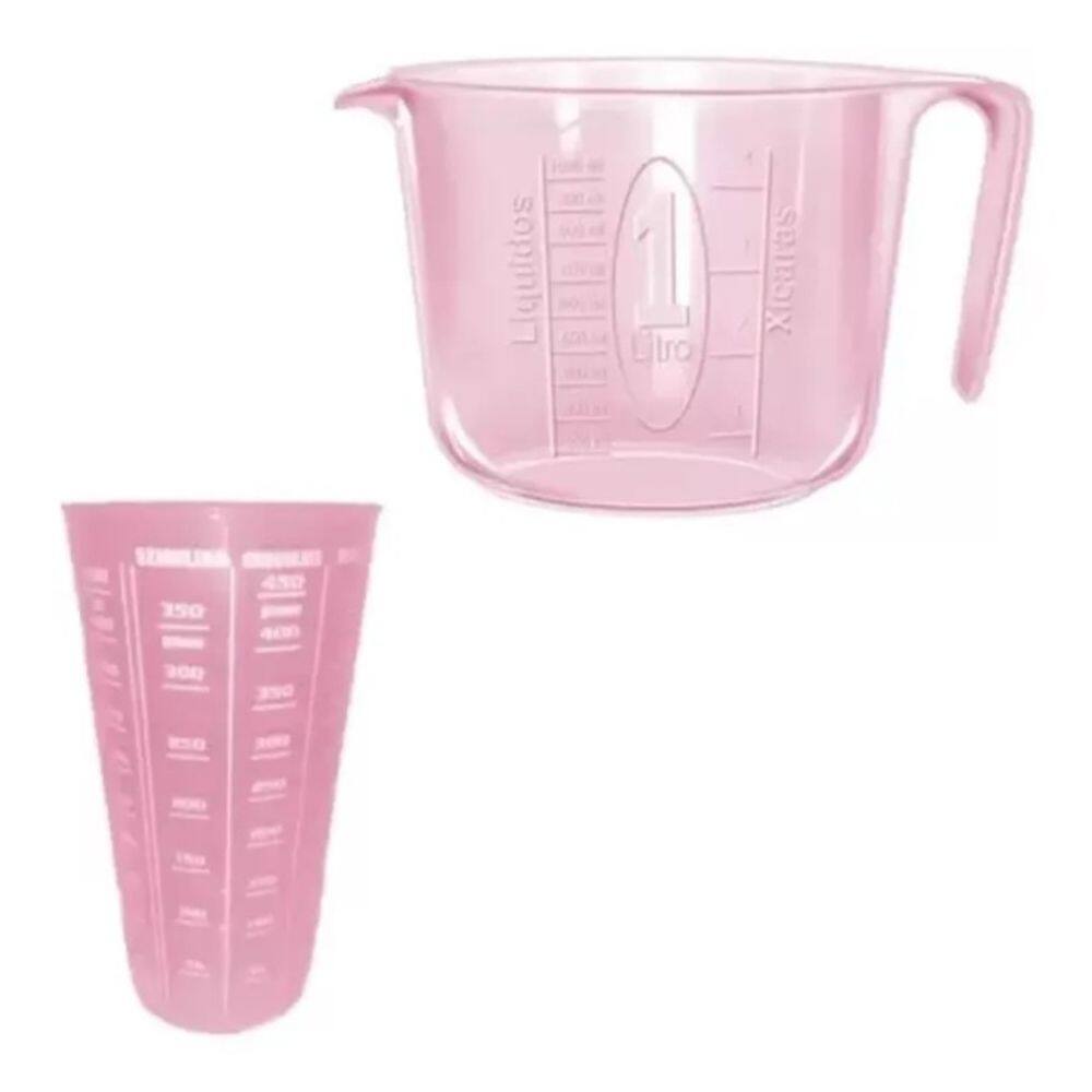 Jarra Medidor 1 Litro + Copo Medidor Multiuso 500 Ml Rosa