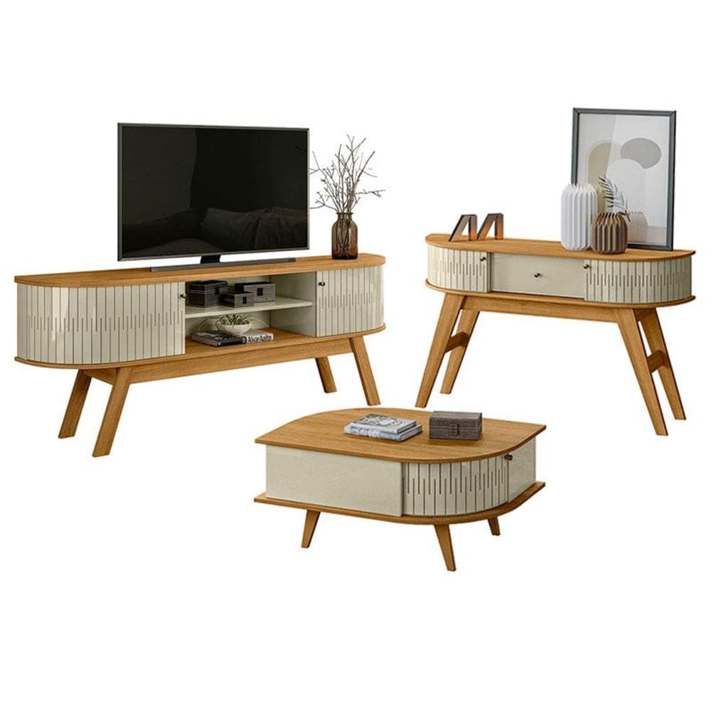 Rack Bancada Valência e Aparador Estoril com Mesa de Centro Indianápolis Cumaru Opala - Madetec