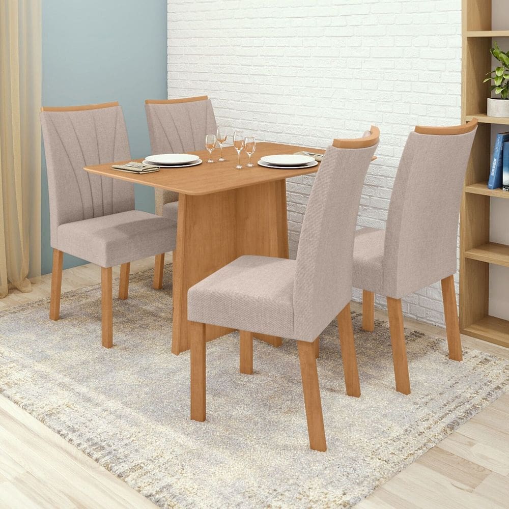 Conjunto Mesa 120cm Celebrare Tampo Mdf no Glass e 4 Cadeiras Apogeu Amêndoa /Bege