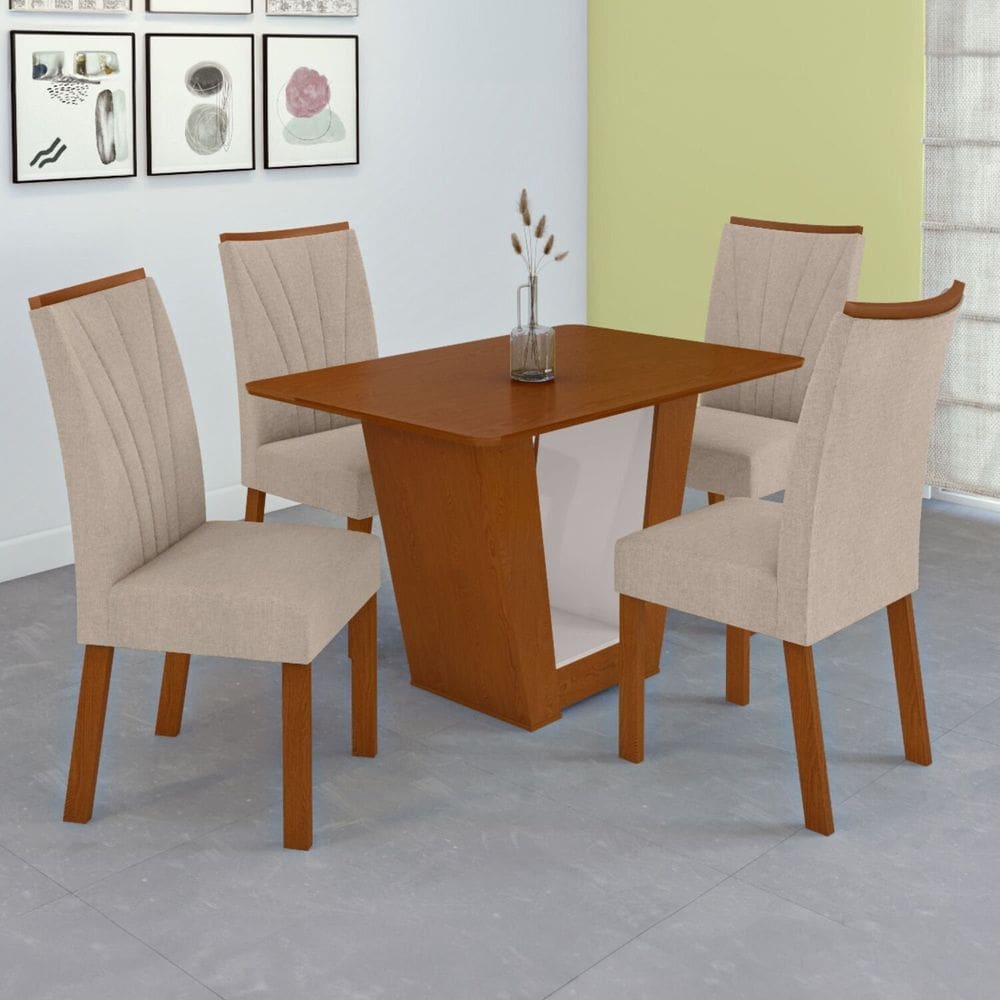 Conjunto Sala de Jantar Mesa 120cm Tampo Mdf no Glass 4 Cadeiras Apogeu Frassino/Off White/Bege