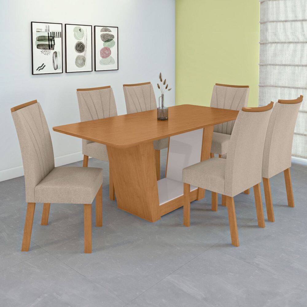 Conjunto Mesa 170cm Apogeu Tampo Mdf no Glass com 6 Cadeiras Apogeu Amêndoa /Off White/Bege