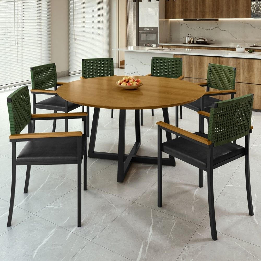 Conjunto Sala de Jantar 6 Cadeiras Madri com Braço Mesa Redonda 150cm Tampo Mdf Coliseu Preto/ Verde