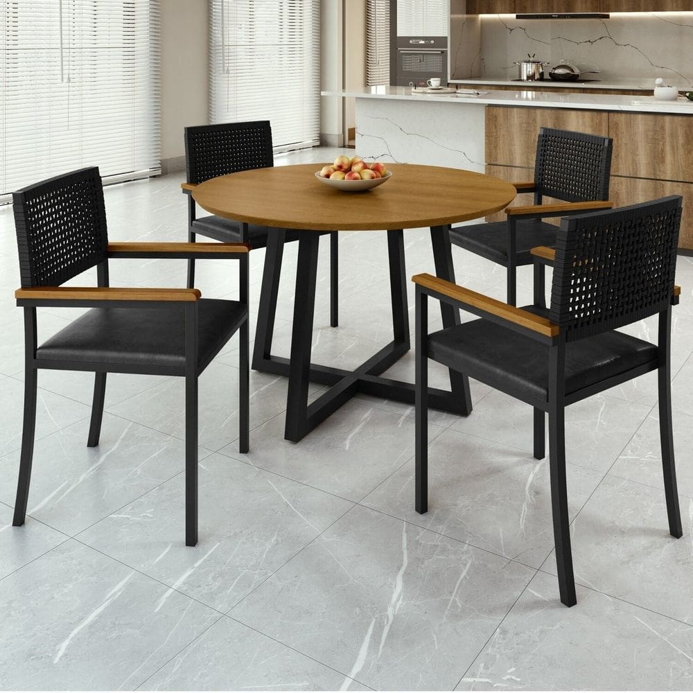 Conjunto Sala de Jantar 4 Cadeiras Madri com Braço Mesa Redonda 120cm Tampo Mdf Coliseu Preto