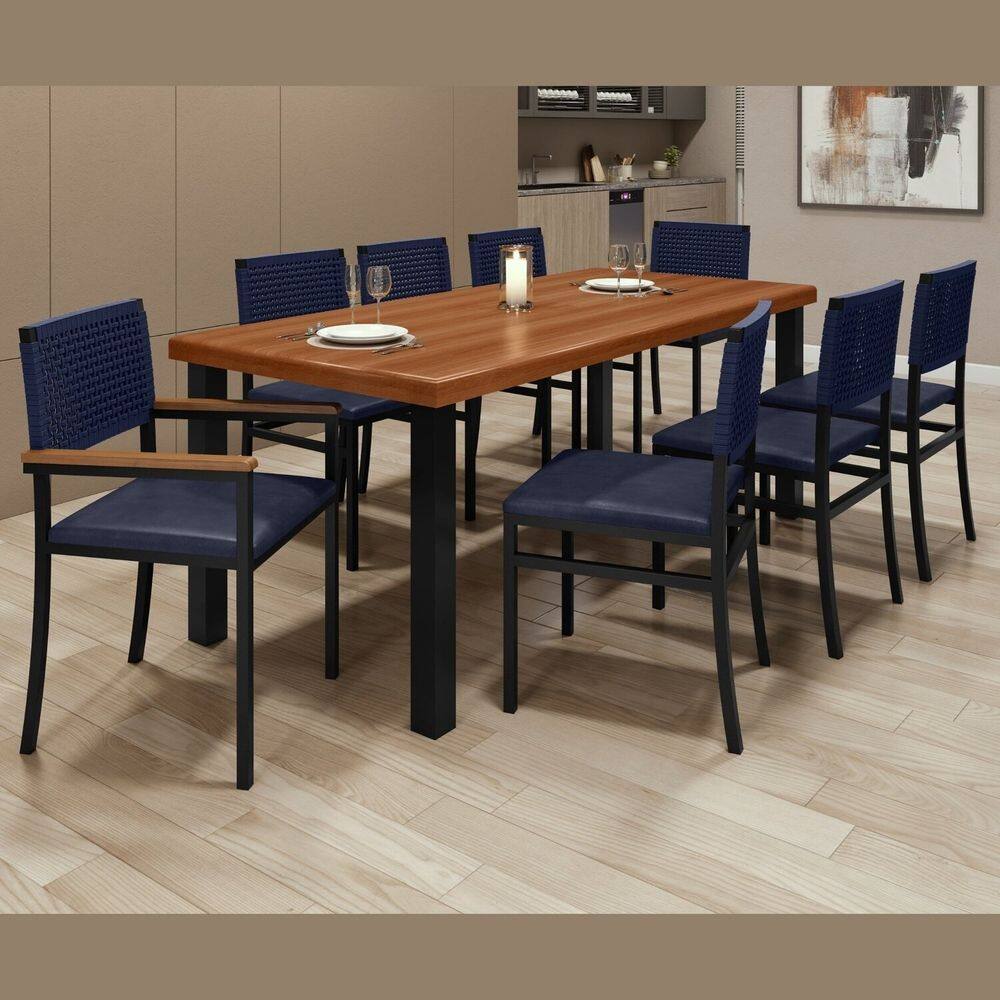 Conjunto Sala de Jantar 8 Cadeiras Madri Mesa 200x90cm Tampo Madeira Maciça Athenas Preto / Corda Azul / Galaxy Azul