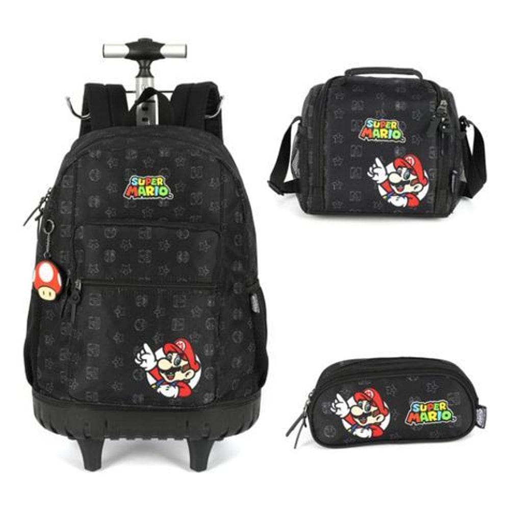 Kit Mochila Carrinho Estojo E Lancheira Super Mario