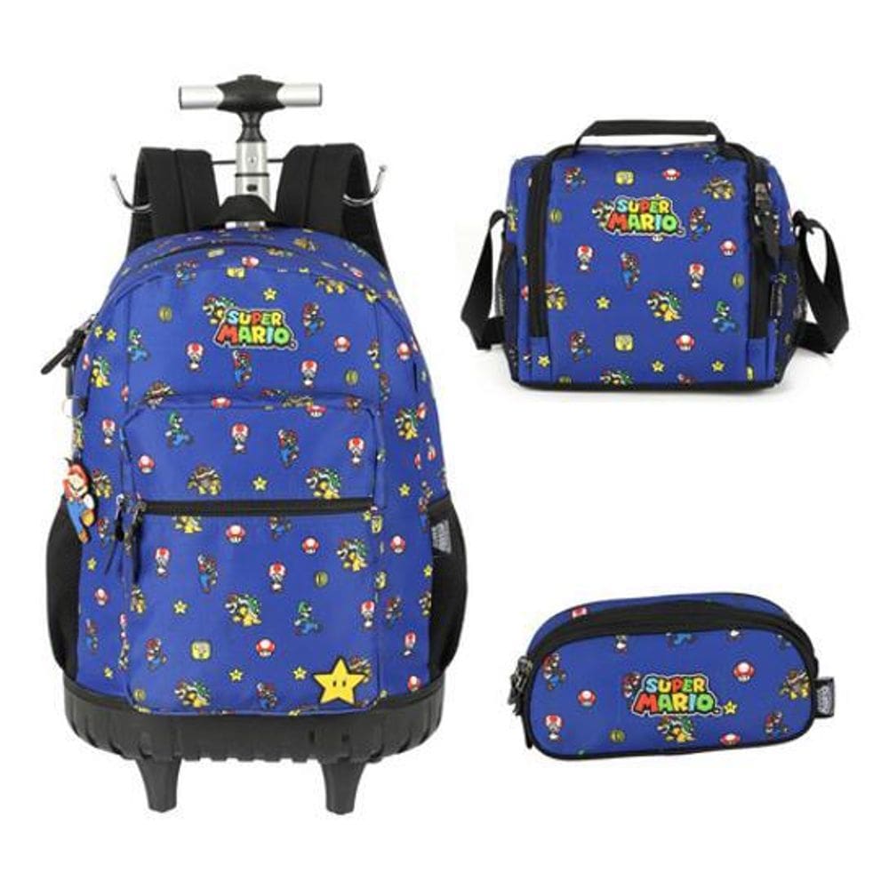 Kit Mochila Carrinho Estojo E Lancheira Super Mario