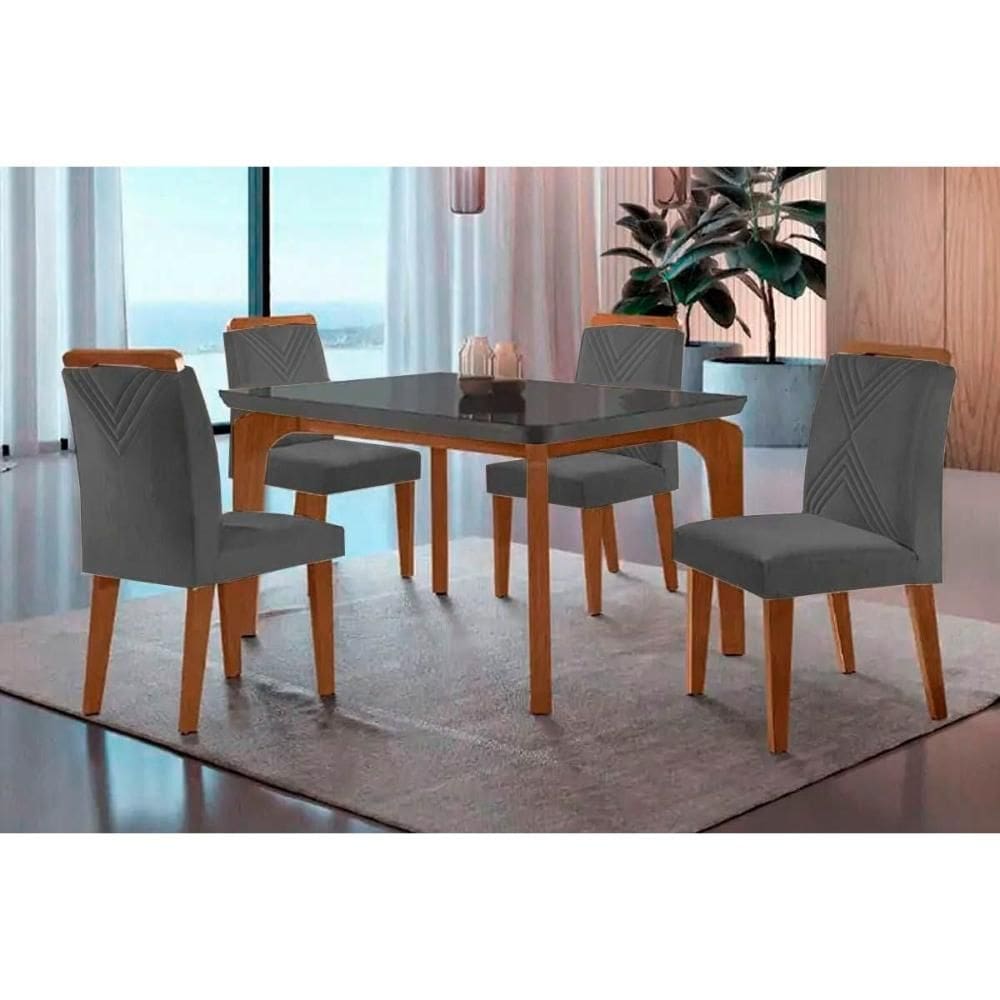 Sala de Jantar Completa Londrina Tampo Madeirado c/ Vidro Curvo 120x80 e 4 Cadeiras Amsterdã Imbuia - Veludo Grafite - Rufato