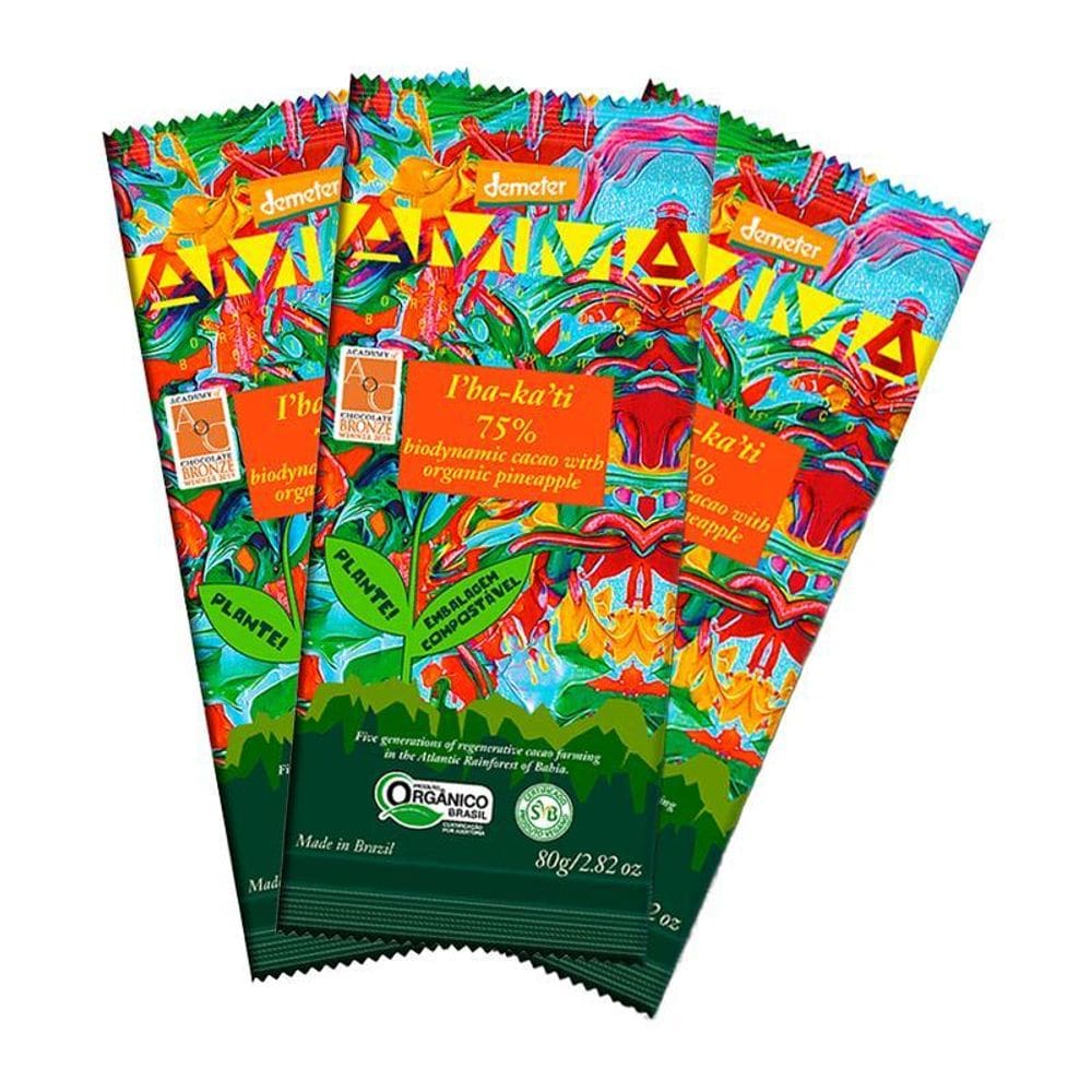 Kit 3X: Chocolate I`Ba-Ka`Ti 75% Cacau Abacaxi Biodinâmico