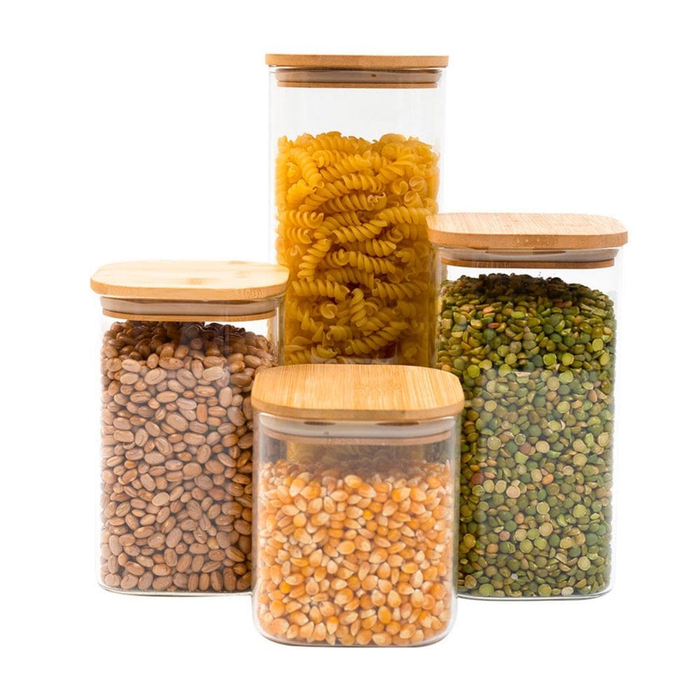 Kit 4 potes de vidro tampa de bambu herméticos quadrados - Tüd