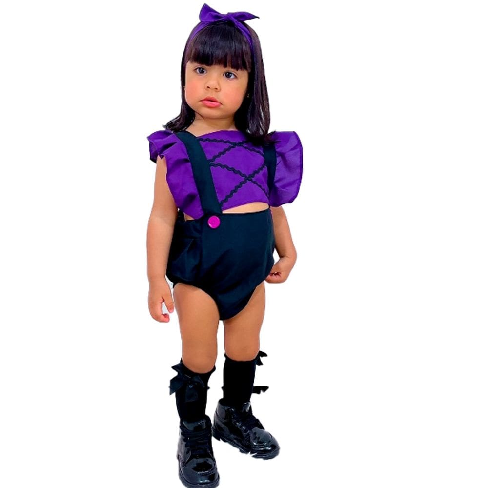 Jardineira Romper de Bebe Menina Com Laço de Cabelo Halloween Bruxa Bruxinha