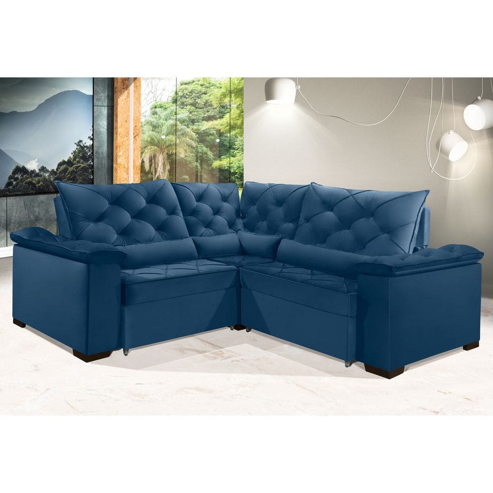Sofá Retrátil Reclinável BERLIM DE CANTO 2.30 x 2.30 ESTILO ESTOFADOS - França Velusoft COR "AZUL"