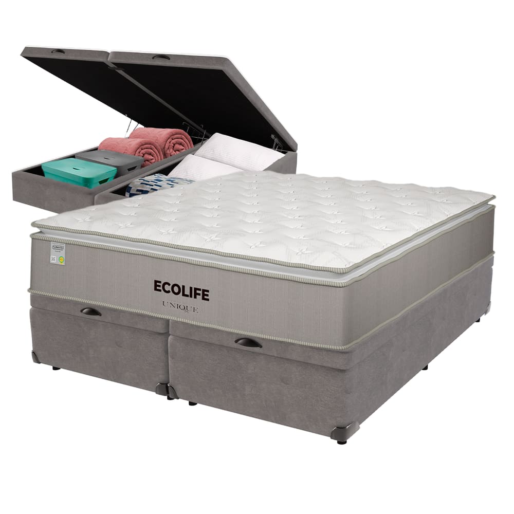 Cama Box Baú Cinza e Colchão Queen Ecolife Molas Ensacadas Unique