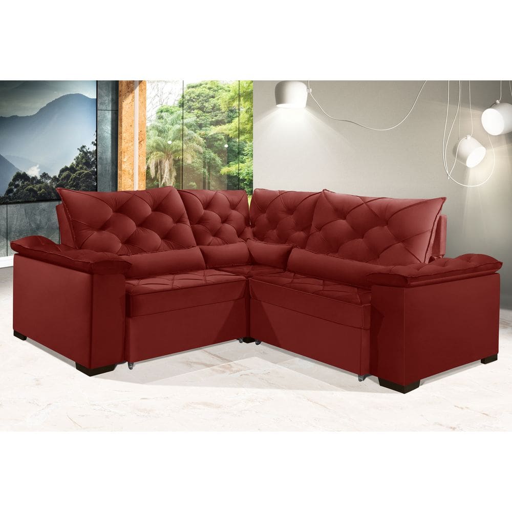 Sofá Retrátil Reclinável BERLIM DE CANTO 2.30 x 2.30 ESTILO ESTOFADOS - França Velusoft COR "VERMELHO"