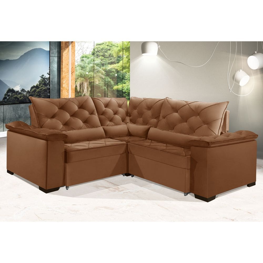 Sofá Retrátil Reclinável BERLIM DE CANTO 2.30 x 2.30 ESTILO ESTOFADOS - França Velusoft COR "TERRACOTA"