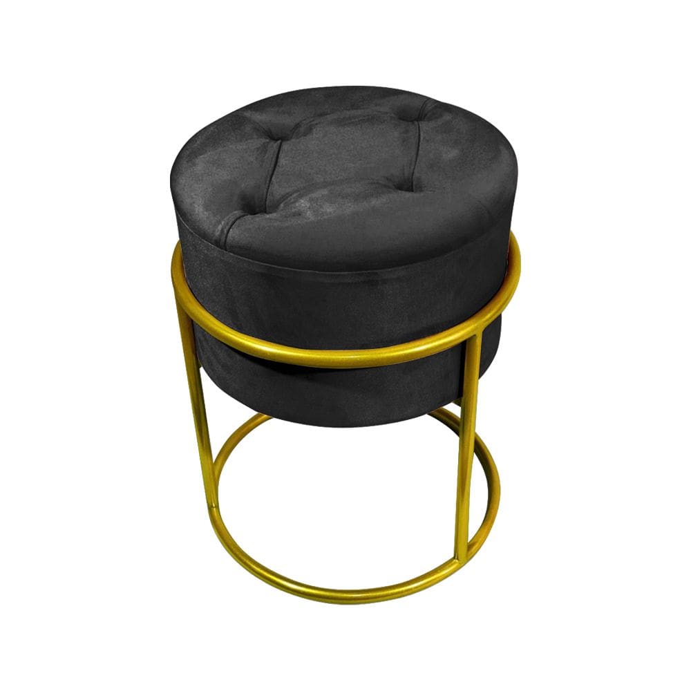 Puff Decorativo Redondo com Capitonê Base de Ferro Dourada Tecido Veludo Preto