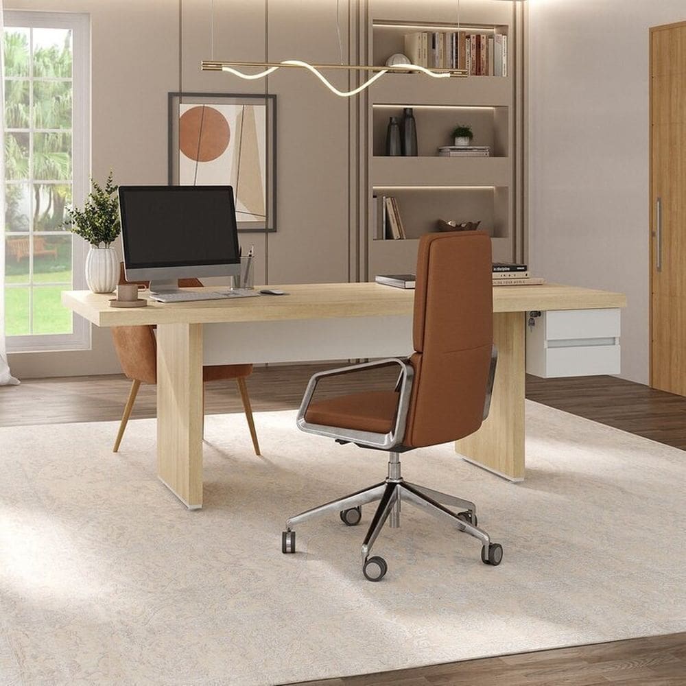 Kit 2 Peças com Mesa de Reunião para Escritório em Tamburato e Gaveteiro Suspenso Organizador Carvalho/Branco