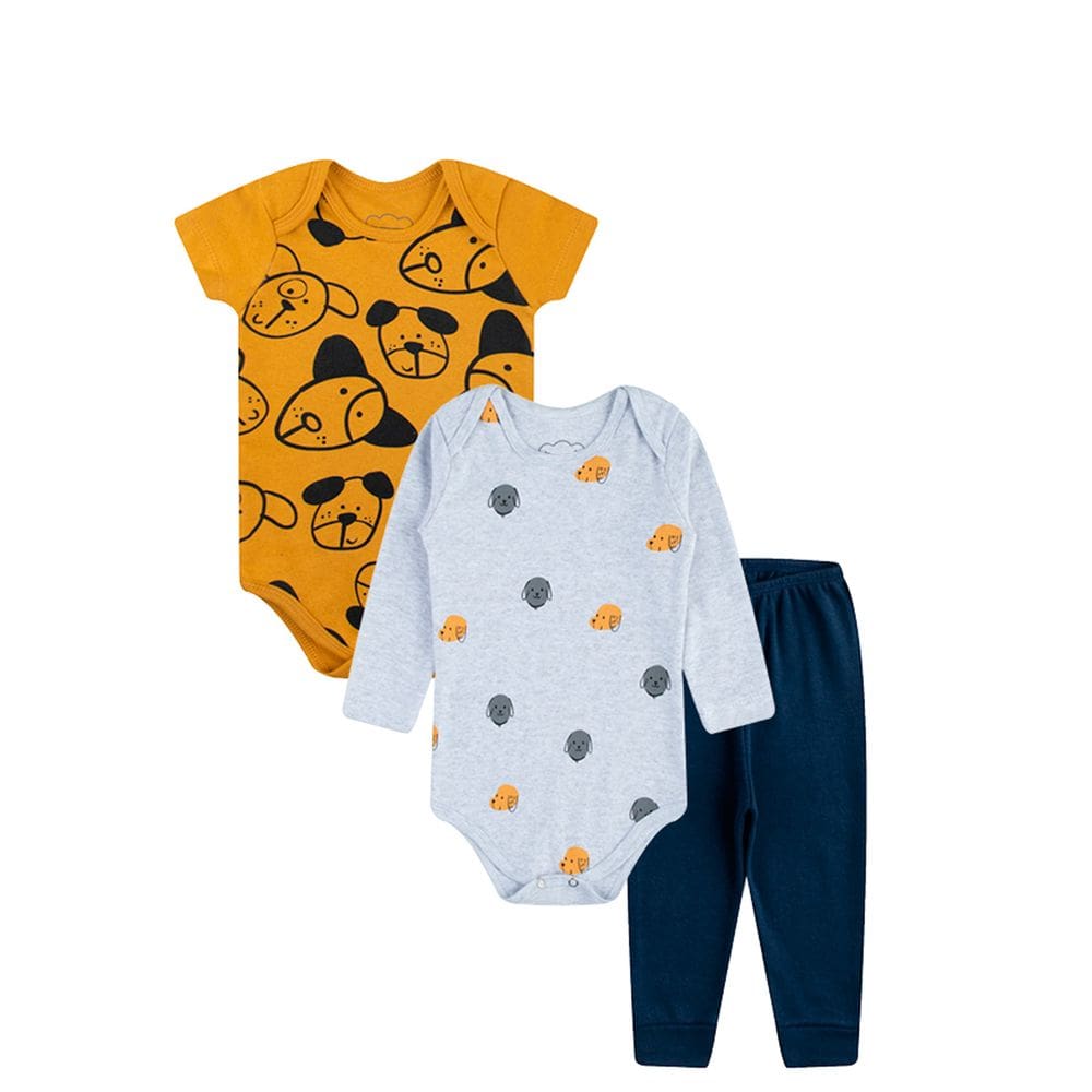 Kit Body + Calça enxoval Menino 3 Peças Roupinha de criança Conjunto Bebe cachorrinho