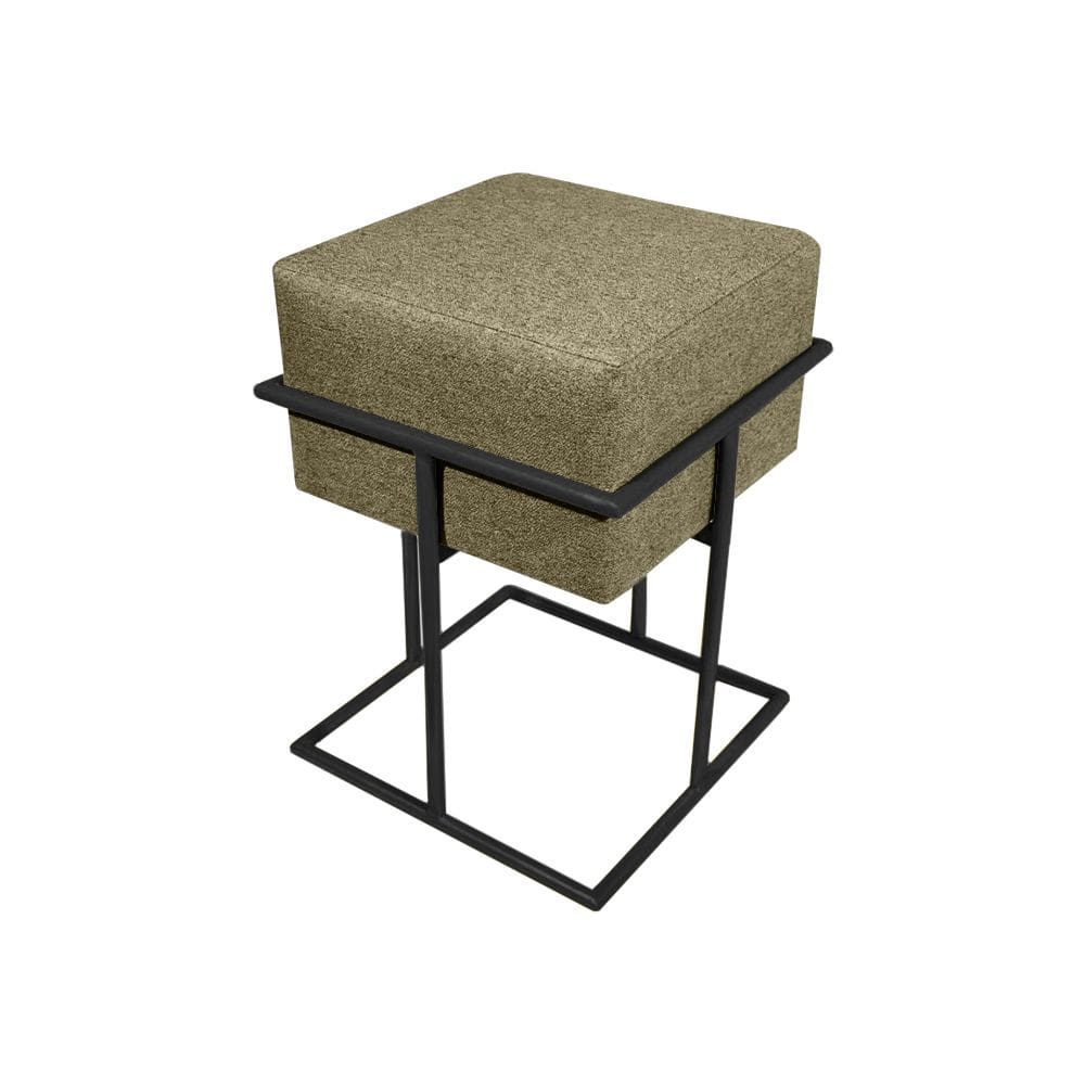 Puff Decorativo Quadrado Base de Ferro Preta Tecido Linho Bege