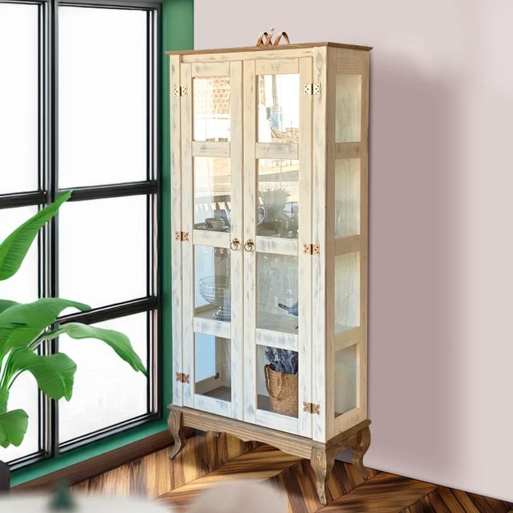 Cristaleira Madeira Maciça Retrô 2 Portas Vidro Lateral Branco Garapa D113VL Shop JM